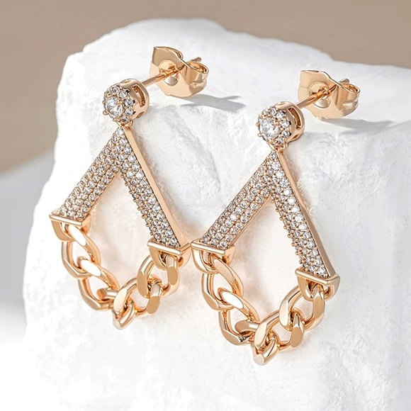 Rose Gold Natural Zircon Geometric Chain Drop Earrings - Picture 2 of 5